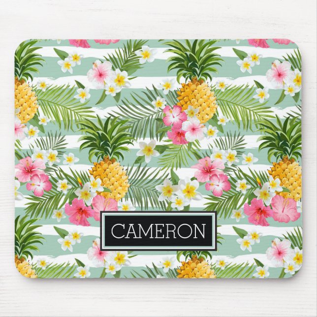 Flowers & Pineapple Teal Stripes | Add Your Name Mouse Mat (Front)