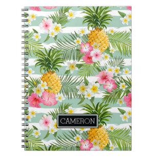 Flowers & Pineapple Teal Stripes Add Your Name Notebook