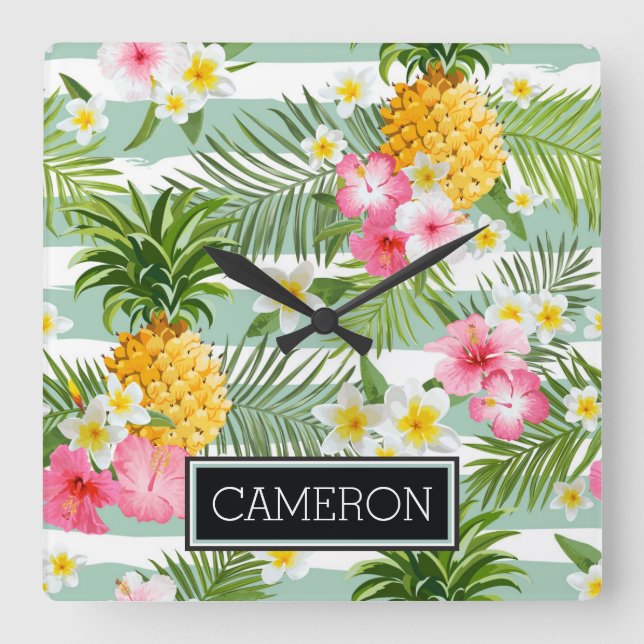 Flowers & Pineapple Teal Stripes | Add Your Name Square Wall Clock (Front)