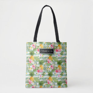 Flowers & Pineapple Teal Stripes Add Your Name Tote Bag