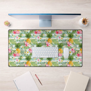 Flowers & Pineapple Teal Stripes Desk Mat