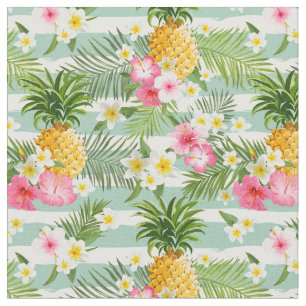 Flowers & Pineapple Teal Stripes Fabric