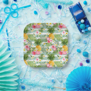 Flowers & Pineapple Teal Stripes Paper Plate
