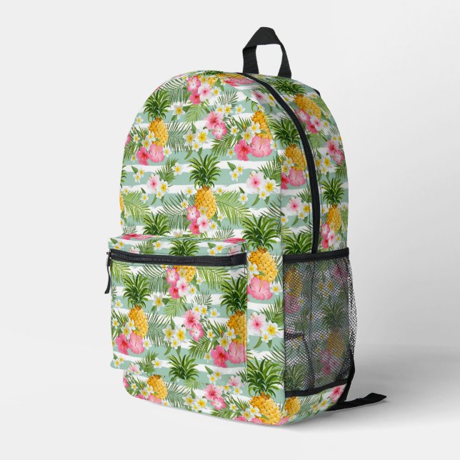 Flowers & Pineapple Teal Stripes Printed Backpack (Back Corner Right)