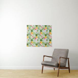 Flowers & Pineapple Teal Stripes Tapestry