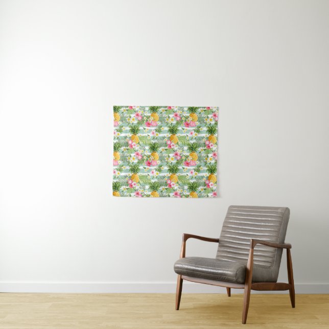 Flowers & Pineapple Teal Stripes Tapestry (In Situ (Horizontal))