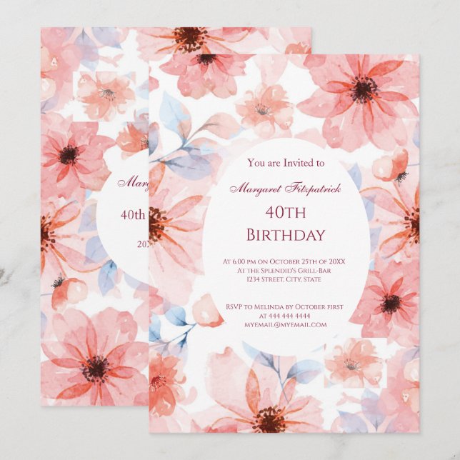 Flowers Pink Any Birthday Party  Invitation (Front/Back)