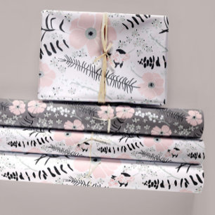 Flowers Pink Black Botanical Decoupage Gift Wrapping Paper Sheet