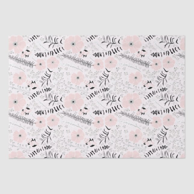 Flowers Pink Black Botanical Pattern Tissue Paper (Front)