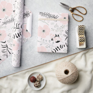 Flowers Pink Black Botanical Pattern Wrapping Paper
