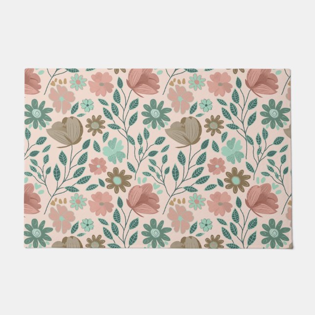 Flowers pink botanical green brown doormat (Front)