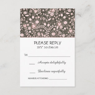 Flowers pink brown rustic wedding RSVP cards