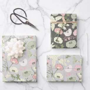 Flowers Pink Green Botanical Pattern Wrapping Paper Sheet