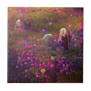 Flowers pink in a green field digital art  tile