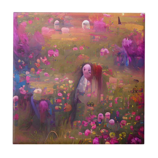 Flowers pink in a green field digital art  tile (Front)