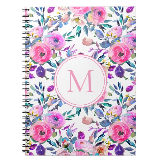 Flowers Pink Purple Custom Monogram Notebook (Front)