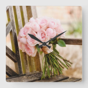 Flowers Pink Rose Bouquet Square Wall Clock