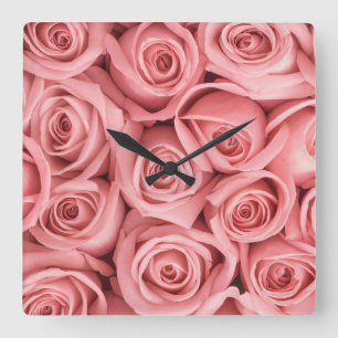 Flowers Pink Roses Square Wall Clock