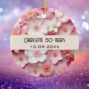 Flowers pink white birthday name ceramic tree decoration