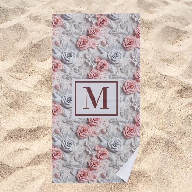 Flowers pink white monogram initial beach towel (Creator Uploaded)