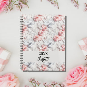 Flowers pink white pattern name script 2026 planner