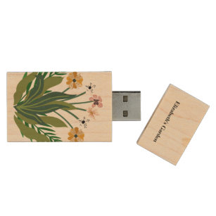 Flowers Pink Yellow Watercolor Bouquet Wood USB Flash Drive