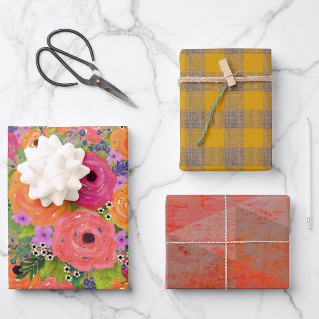 Flowers, Plaid and Geometric | Warm Colours Wrapping Paper Sheet (Front)