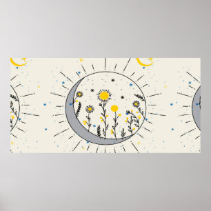 Flowers planet the sun and the moon graphic art poster