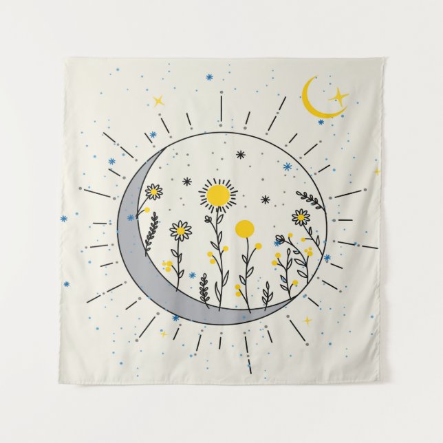 Flowers planet the sun and the moon graphic art tapestry (Front)