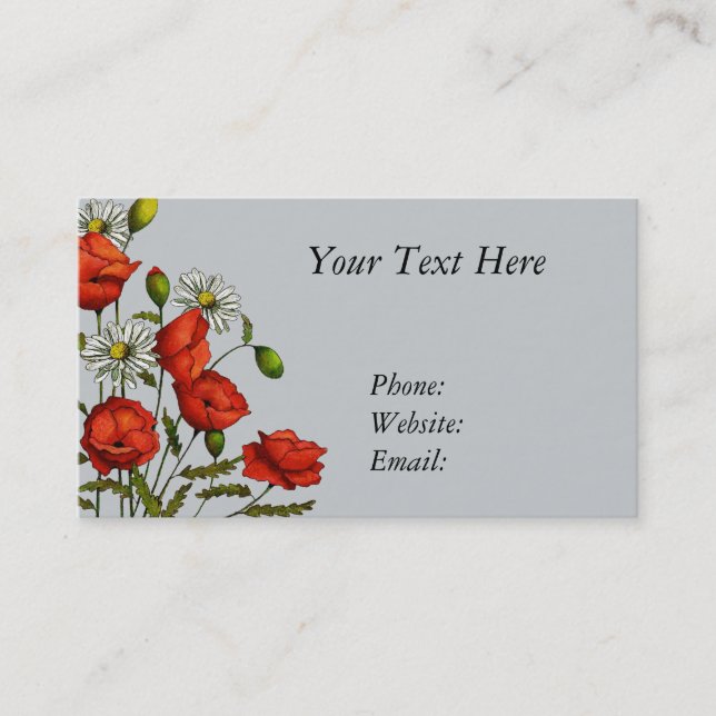 Flowers, Poppies and Daisies, Hand Drawn Art Business Card (Front)