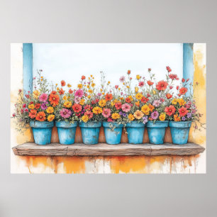 Flowers Pots Illustration Pastel Colour Drawing Poster