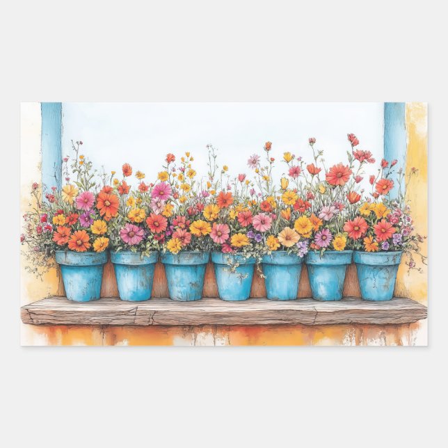 Flowers Pots Illustration Pastel Colour Drawing Rectangular Sticker (Front)