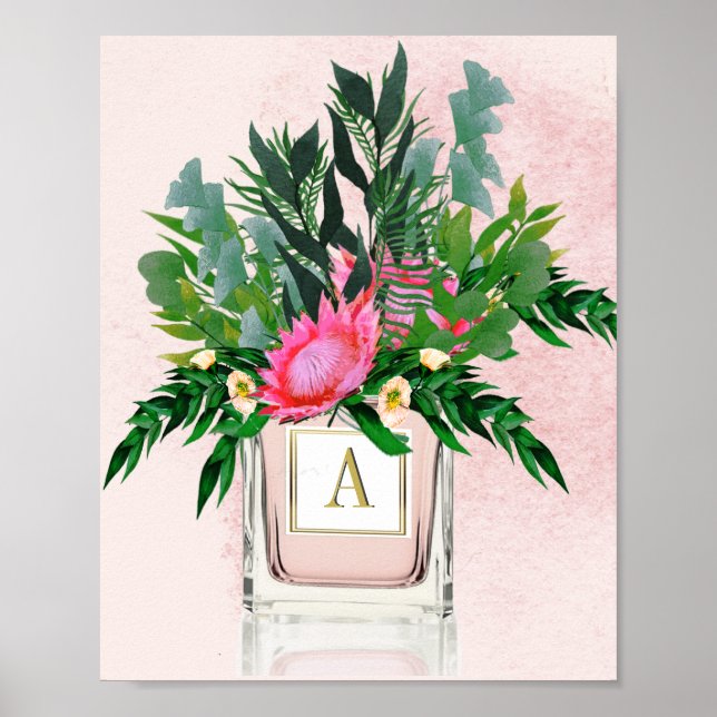 Flowers Protea Elegant Perfume Bottle Monogram Poster (Front)