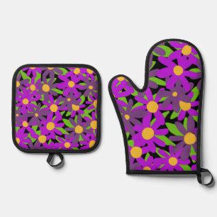 Flowers purple and green oven mitt & pot holder set