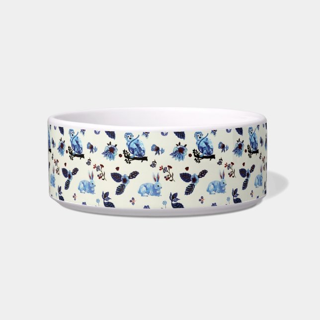 Flowers Rabbit Monkey Blue White Vintage  Bowl (Front)