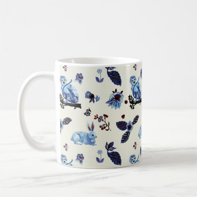 Flowers Rabbit Monkey Blue White Vintage  Coffee Mug (Left)