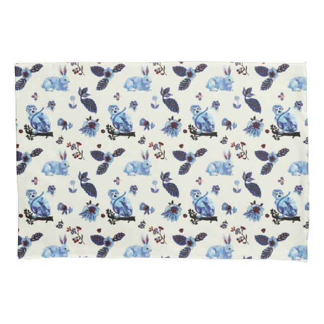 Flowers Rabbit Monkey Blue White Vintage  Pillowcase (Front)