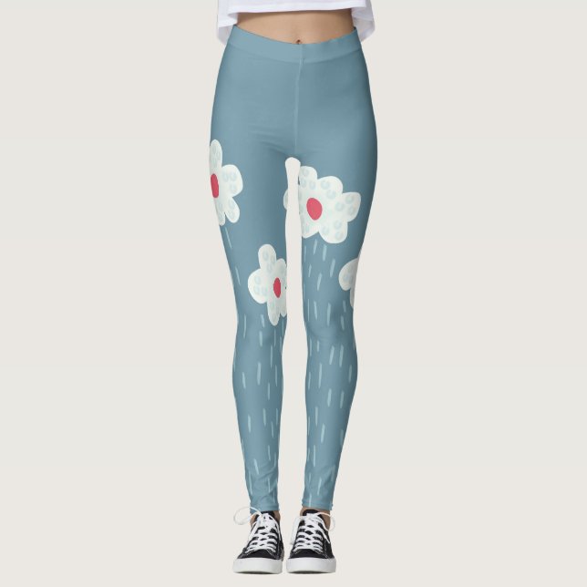 Flowers Raining Springtime Blue Gloomy Fun Leggings (Front)