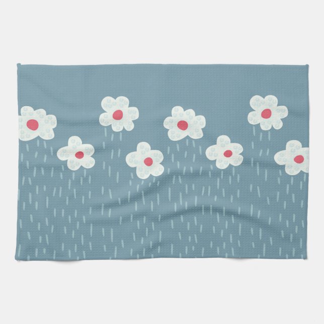 Flowers Raining Springtime Blue Gloomy Fun Tea Towel (Horizontal)