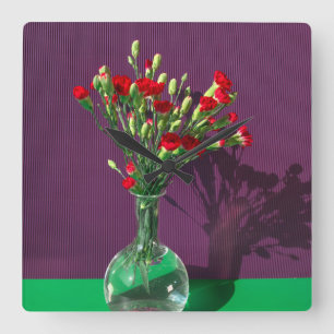 Flowers Red Carantion Bouquet Square Wall Clock