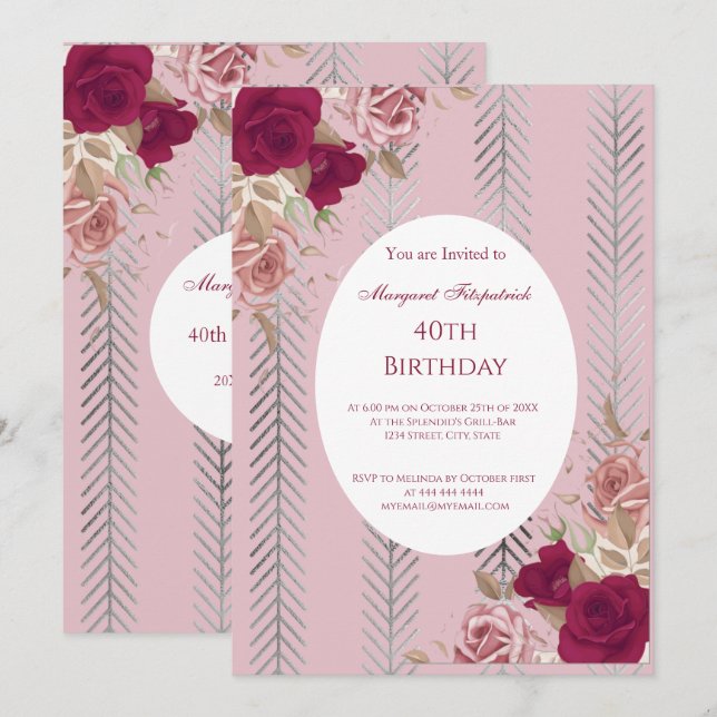  Flowers Red Pink Roses Birthday Party Invitation (Front/Back)