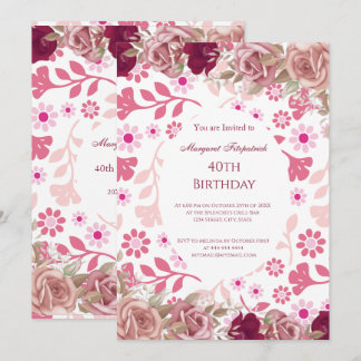 Flowers Red Pink White Roses Birthday Party 2 Invitation