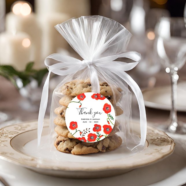 Flowers Red Poppies wedding Classic Round Sticker (Flowers Red Poppies wedding Classic Round Sticker)