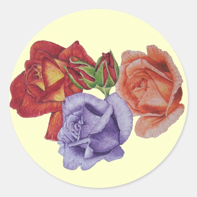 flowers red roses and rose buds floral art classic round sticker (Front)