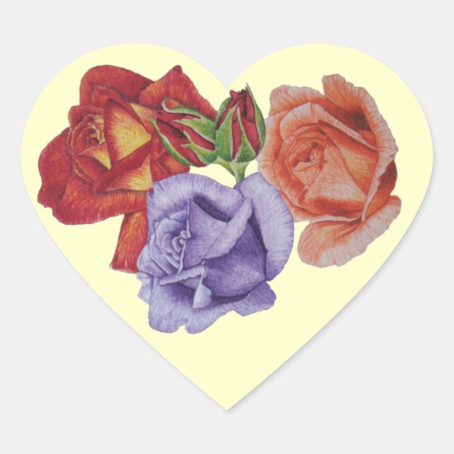 flowers red roses and rose buds floral art heart sticker (Front)