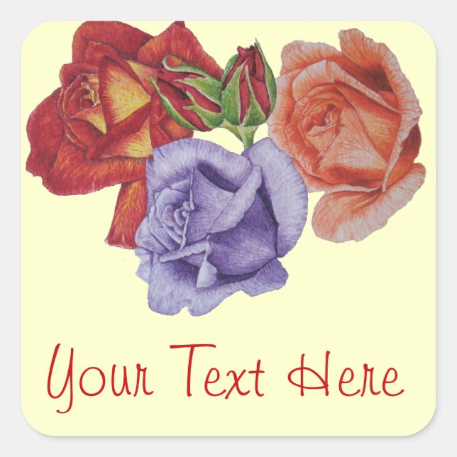 flowers red roses and rose buds floral art square sticker (Front)