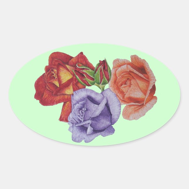 flowers red roses and rose buds floral oval sticker (Front)