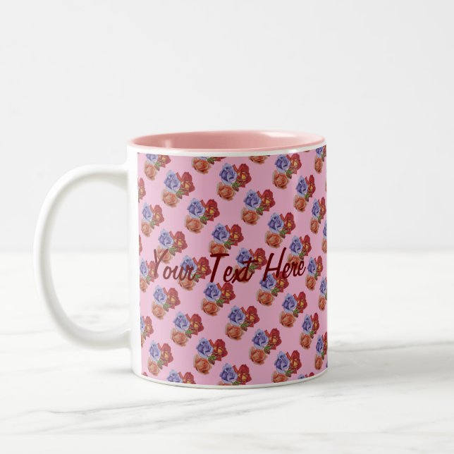 flowers red roses and rose buds pretty floral Two-Tone coffee mug (Left)