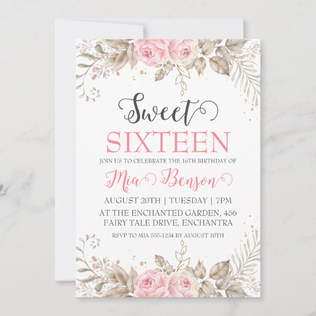 flowers rose gold sweet 16 birthday invitations (Front)