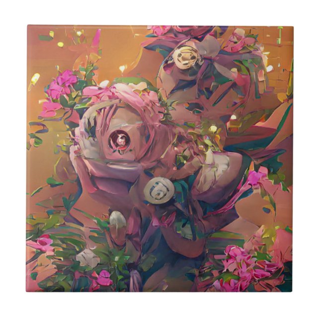 Flowers roses pink orange green digital art  tile (Front)